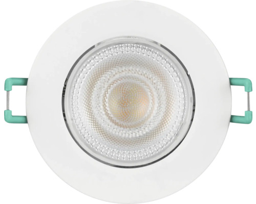 Ronde LED inbouwspot met witte buitenring en bevestigingsklemmen.