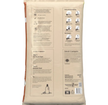 Achterzijde van een 30 liter zak rozenpotgrond met gebruiksaanwijzing, verzorgingstips, productsamenstelling en RHP keurmerk.