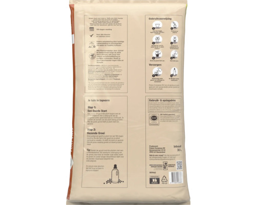 Achterzijde van een 30 liter zak rozenpotgrond met gebruiksaanwijzing, verzorgingstips, productsamenstelling en RHP keurmerk.