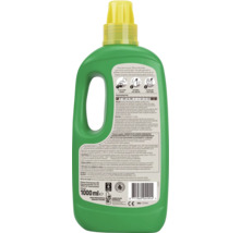 Achterzijde van de fles Pokon kamerplantenvoeding 1000 milliliter met informatie over dosering ingrediënten recycling en het Pokon Logo.