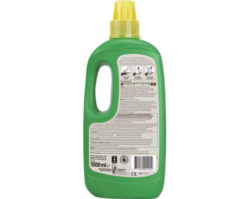 Achterzijde van de fles Pokon kamerplantenvoeding 1000 milliliter met informatie over dosering ingrediënten recycling en het Pokon Logo.