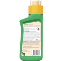 Pokon tegen onkruid concentraat PA 450 milliliter, achteraanzicht van een groene fles met gele dop en waarschuwingen op het etiket.