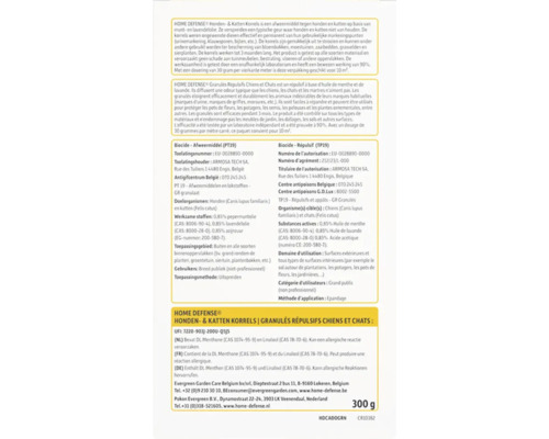 Achteretiket van Home Defense Honden- en Kattenkorrels met productdetails, instructies en ingrediënten.