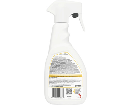 Achterzijde van een 500 milliliter Home Defense spuitfles tegen honden en katten, met productetiket en ingrediënten.