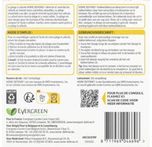 Achterzijde van de Home Defense kakkerlakkenval verpakking met gebruiksaanwijzing, recyclingsymbolen, QR-code en Evergreen Garden Care Logo.