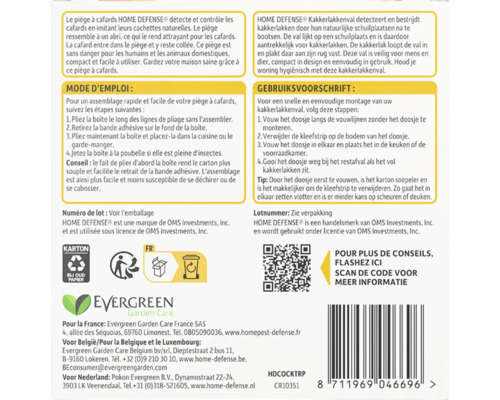 Achterzijde van de Home Defense kakkerlakkenval verpakking met gebruiksaanwijzing, recyclingsymbolen, QR-code en Evergreen Garden Care Logo.