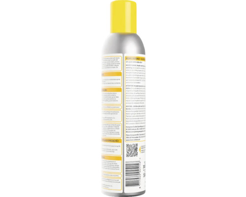 Insectenspray Home Defense Vlooien tegen vlooien in zilveren spuitbus met gele dop en productinformatie op de achterzijde.