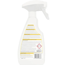 Achterzijde van een spuitfles Home Defense Spinnenwebben Spray 500 milliliter met gebruiksaanwijzing, waarschuwingssymbolen en streepjescode.