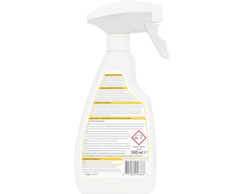 Achterzijde van een spuitfles Home Defense Spinnenwebben Spray 500 milliliter met gebruiksaanwijzing, waarschuwingssymbolen en streepjescode.