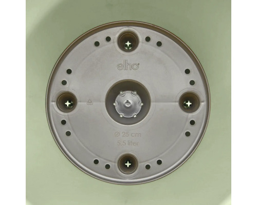 Binnenaanzicht van de bodem van een elho kunststof bloempot met elho Logo, diameter 25 centimeter en volume 5,5 liter.