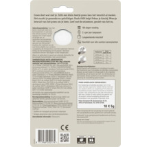 Achterzijde Pokon kamerplanten voedingskegels verpakking met gebruiksinstructies, doseringstabel, NPK-samenstelling en recyclingsymbolen.