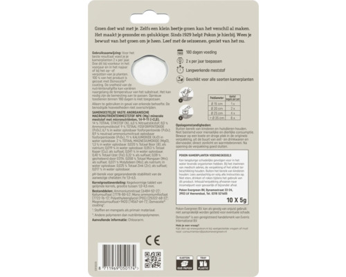 Achterzijde Pokon kamerplanten voedingskegels verpakking met gebruiksinstructies, doseringstabel, NPK-samenstelling en recyclingsymbolen.