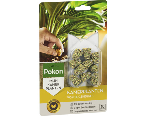 Pokon Kamerplanten Voedingskegels, 10 stuks, langwerkende meststof voor 180 dagen voeding, twee keer per jaar toepassen.