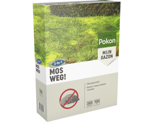 Pokon Mos Weg 2-in-1 gazonmest en mosbestrijding voor 100 vierkante meter, 3500 gram verpakking.