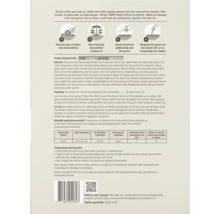 Achterzijde verpakking gazon mosbestrijder met gebruiksaanwijzing, dosering en toepassingsperiode.