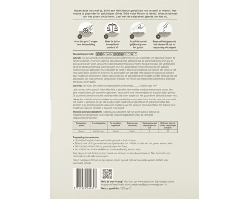 Achterzijde verpakking gazon mosbestrijder met gebruiksaanwijzing, dosering en toepassingsperiode.