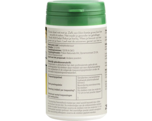 Etiket van Pokon stekpoeder met informatie over werkzame stoffen, dosering en gebruiksinstructies voor het bewortelen van stekken.