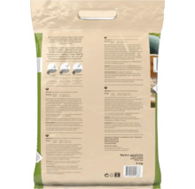 Achterzijde van een 5 kilogram verpakking Pokon Gazonkalk met gebruiksaanwijzing, dosering en samenstelling voor gazon en tuin.