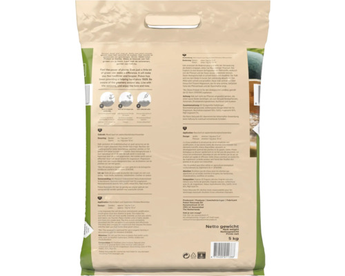 Achterzijde van een 5 kilogram verpakking Pokon Gazonkalk met gebruiksaanwijzing, dosering en samenstelling voor gazon en tuin.