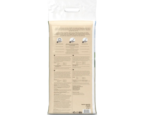 Achterzijde van een 10 kilogram zak Pokon Gedroogde Mestkorrels met gebruiksinstructies, doseringstabel en productinformatie.