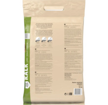 Achterkant van een 10 kilogram verpakking Pokon Gazonkalk met gebruiksinstructies en productinformatie in verschillende talen.