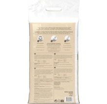 Achterzijde van een 5 kilogram zak Pokon gedroogde mestkorrels met gebruiksaanwijzing, doseringstabel en technische specificaties.