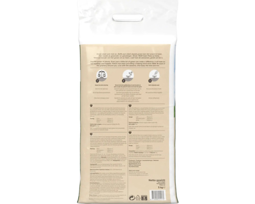 Achterzijde van een 5 kilogram zak Pokon gedroogde mestkorrels met gebruiksaanwijzing, doseringstabel en technische specificaties.