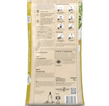 Achterzijde van een verpakking Pokon turfvrije potgrond 10 liter met gebruiksaanwijzing in acht stappen, samenstelling en verzorgingstips.