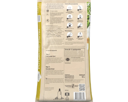 Achterzijde van een verpakking Pokon turfvrije potgrond 10 liter met gebruiksaanwijzing in acht stappen, samenstelling en verzorgingstips.