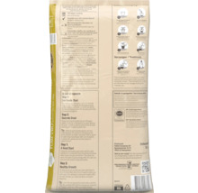 Achterzijde van een 5 liter verpakking Pokon turfvrije Bonsai grond met productinformatie, geïllustreerde gebruiksaanwijzing en keurmerk.