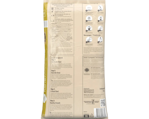 Achterzijde van een 5 liter verpakking Pokon turfvrije Bonsai grond met productinformatie, geïllustreerde gebruiksaanwijzing en keurmerk.