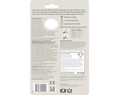 Achterzijde van de verpakking van Pokon Terras en Balkon Planten Voedingskegels met gebruiksaanwijzing, doseertabel en samenstelling.