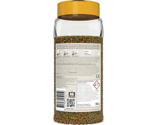 Achterzijde van een transparante pot met Pokon Terras en Balkon Planten Voedingskorrels, 800 gram, met gebruiksinstructies en waarschuwingen.