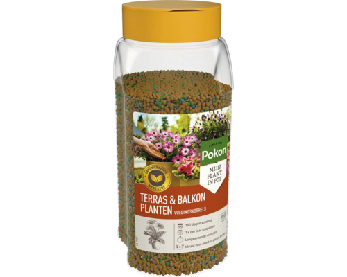 Pokon Terras en Balkon Planten Voedingskorrels, 800 gram, langwerkende meststof voor 180 dagen voeding, eenmaal per jaar toepassen.