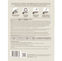 Achterzijde Pokon Mos Weg verpakking met gebruiksaanwijzing, toepassingsperiode, dosering en waarschuwingen voor mosbestrijding in het gazon.