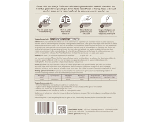 Achterzijde Pokon Mos Weg verpakking met gebruiksaanwijzing, toepassingsperiode, dosering en waarschuwingen voor mosbestrijding in het gazon.