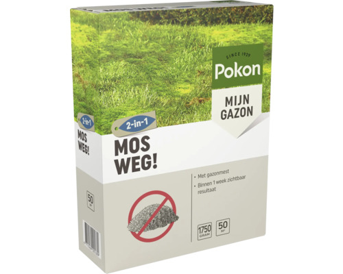 Pokon gazonmest en mosbestrijder, 2-in-1 product, 1750 gram voor 50 vierkante meter, zichtbaar resultaat binnen een week.