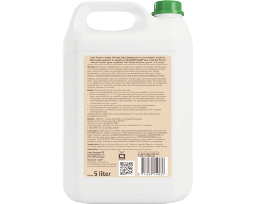 Achterkant van een 5 liter can Pokon Groene Aanslagreiniger met gebruiksaanwijzing, veiligheidsinstructies, streepjescode en QR code.