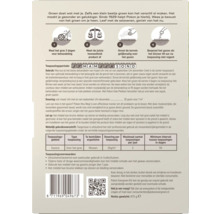 Achterzijde van Pokon verpakking voor gazononderhoud met vier stappen voor gebruik, toepassingsperiode, doseringstabel en veiligheidsinstructies.