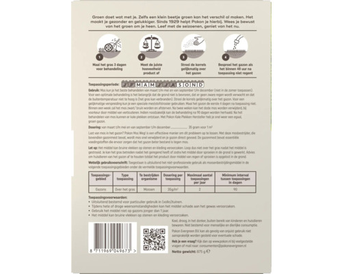 Achterzijde van Pokon verpakking voor gazononderhoud met vier stappen voor gebruik, toepassingsperiode, doseringstabel en veiligheidsinstructies.