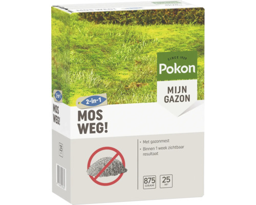 Pokon Mijn Gazon Mos Weg! 2-in-1 gazonmest en mosbestrijder, verpakking van 875 gram voor 25 vierkante meter.