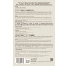 Achterzijde van een Pokon-verpakking voor mos- en onkruidbestrijding. Bevat instructies, doseringstabellen en een toepassingskalender.