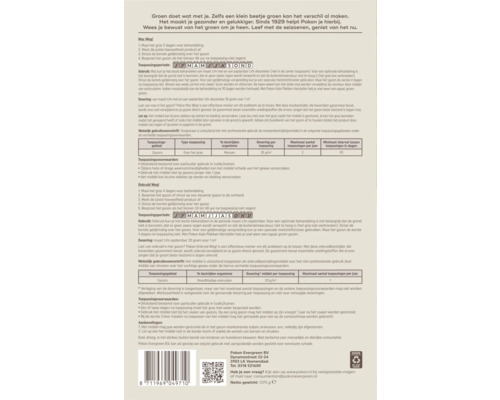 Achterzijde van een Pokon-verpakking voor mos- en onkruidbestrijding. Bevat instructies, doseringstabellen en een toepassingskalender.