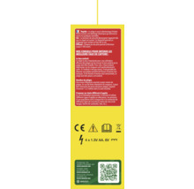 Achterkant van een elektronische muizenval met gebruiksinstructies, veiligheidssymbolen, batterijgegevens 4 keer 1,5 Volt AA en seezon Logo met QR-code.