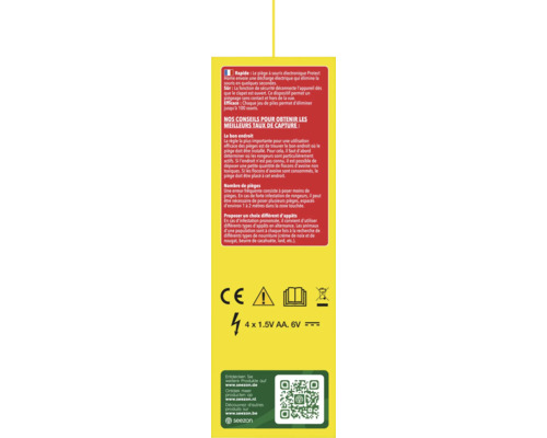 Achterkant van een elektronische muizenval met gebruiksinstructies, veiligheidssymbolen, batterijgegevens 4 keer 1,5 Volt AA en seezon Logo met QR-code.