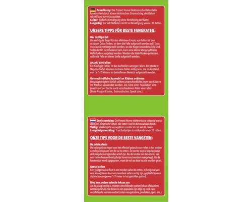 Informatiepaneel voor een elektronische rattenval met voordelen en gebruikstips in het Duits en Nederlands.
