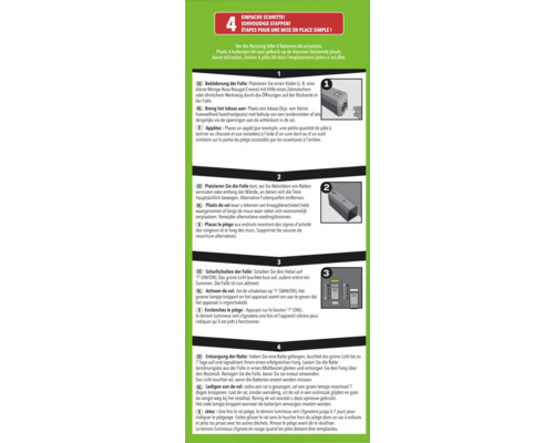 Infographic met 4 eenvoudige stappen voor het gebruik van een rattenval: lokaas aanbrengen, plaatsen, activeren en de rat verwijderen.