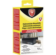 Zwarte Victor Protect Home elektronische muizenval voor binnengebruik, werkt op batterijen voor maximaal 100 muizen.
