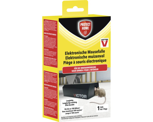Zwarte Victor Protect Home elektronische muizenval voor binnengebruik, werkt op batterijen voor maximaal 100 muizen.