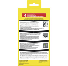 Achterkant van de verpakking van een muizenval met een handleiding in 4 eenvoudige stappen in het Duits, Nederlands en Frans.